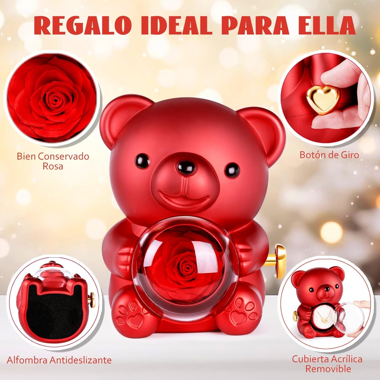 Oso con Rosa Eterna + Collar Personalizado